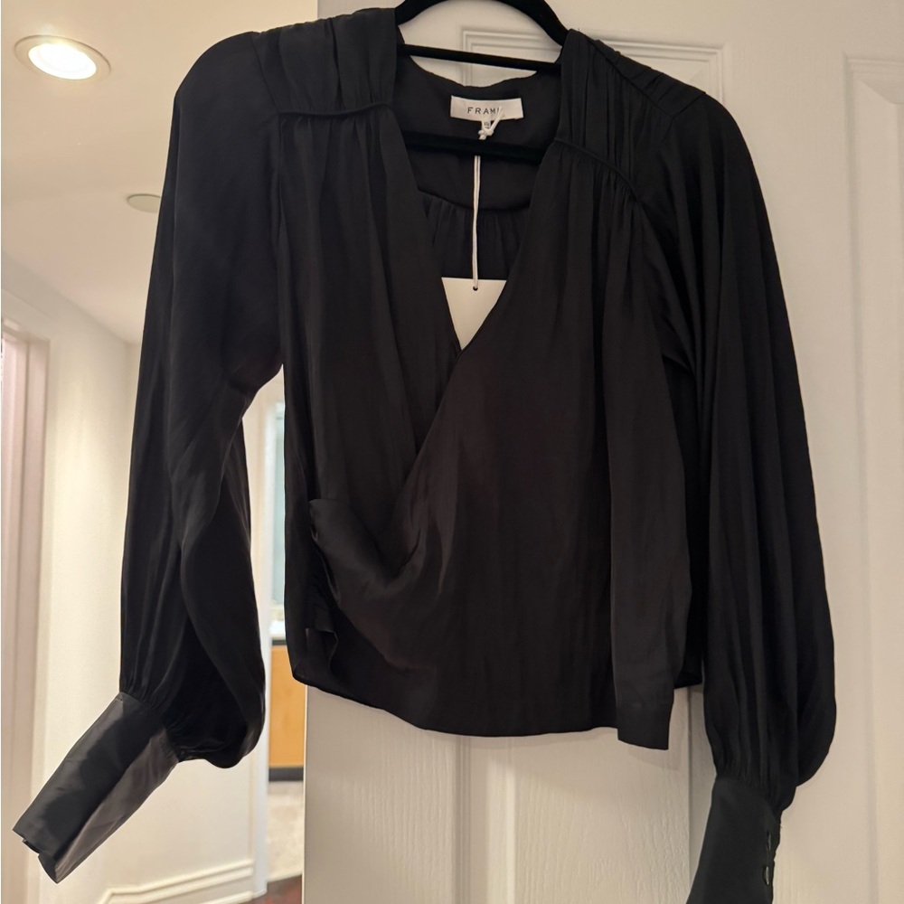 FRAME - Women's Black Silk Crossover Long-sleeve Top